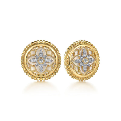 Gabriel 14K Yellow Gold 2.58ctw Stud Style Round Mother Of Pearl and Diamond Earrings