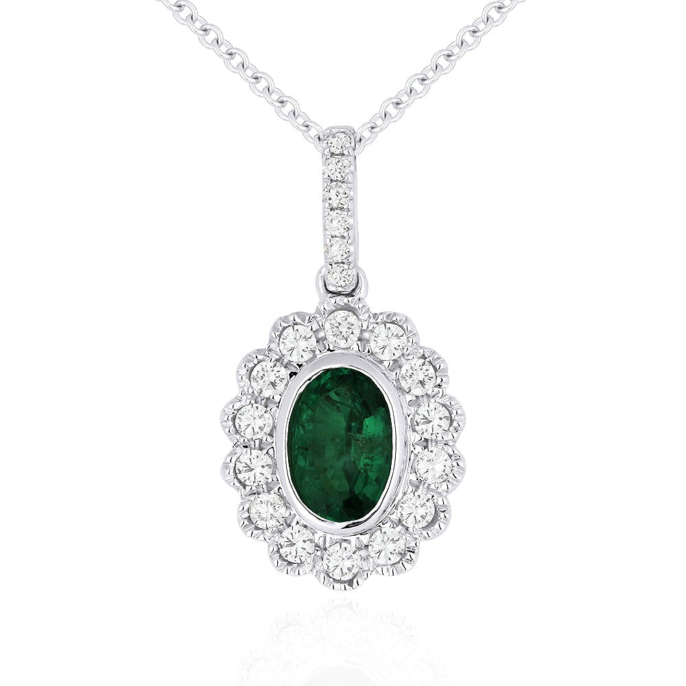 Madison L 14K White Gold 0.59ctw Halo Style Emerald Necklace