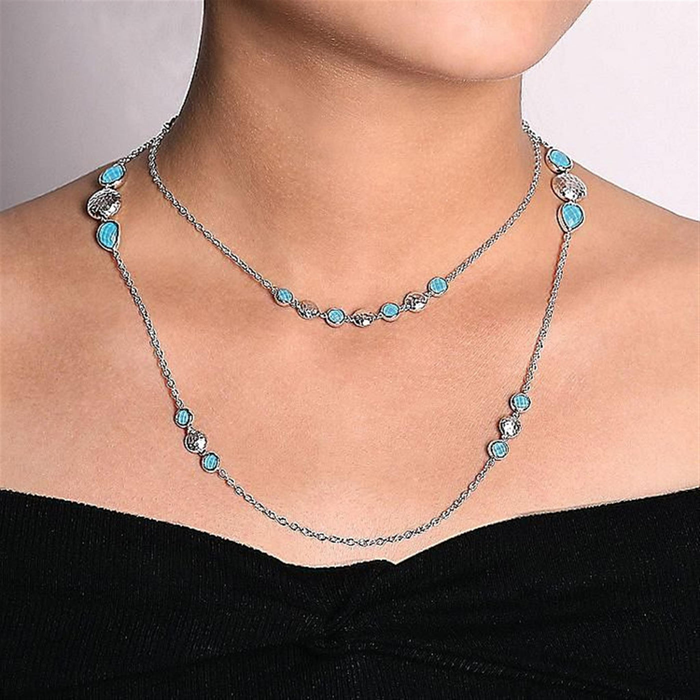 Gabriel Sterling Silver 19.60ctw Expression Style Crystal Turquoise Doublets Necklace