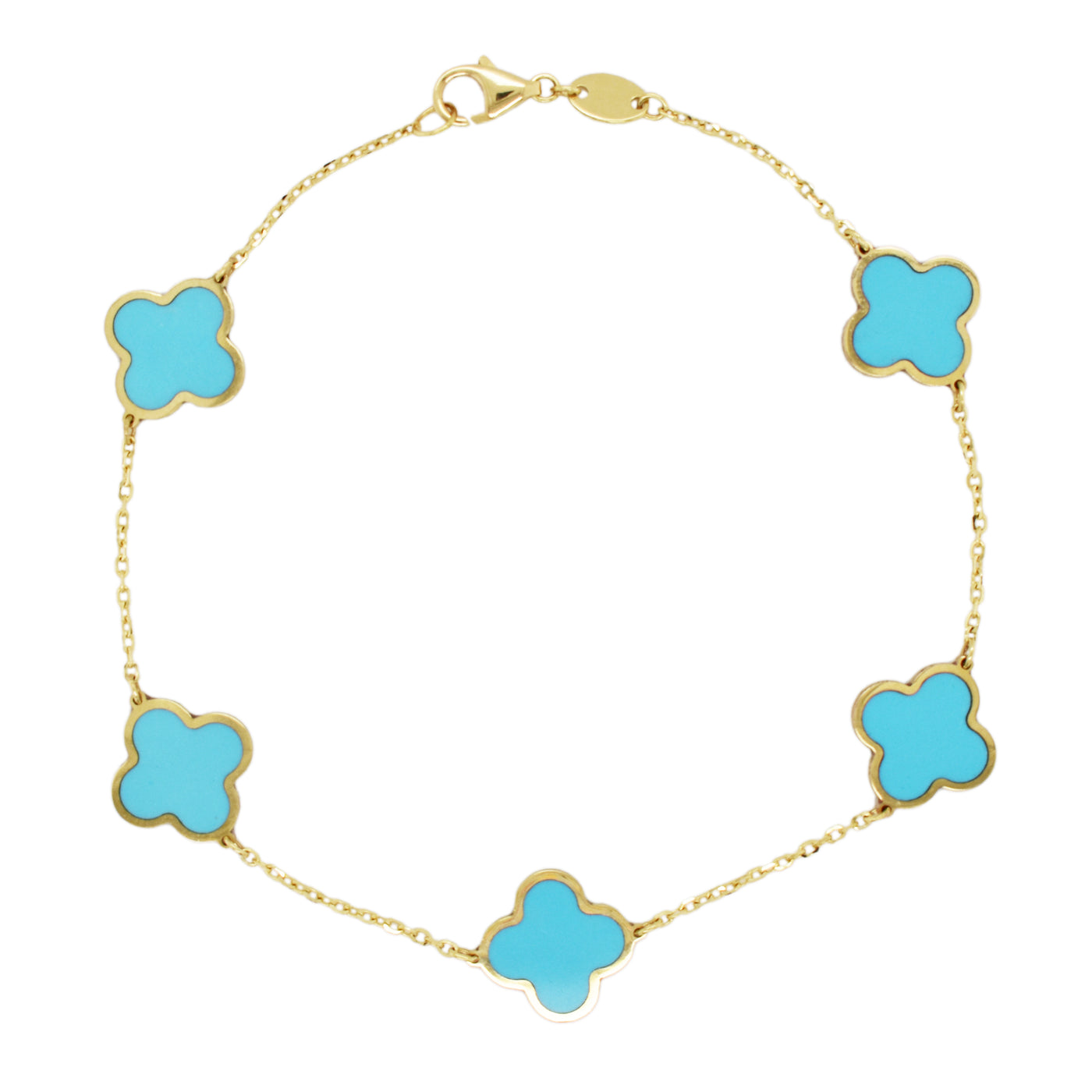 14K Yellow Gold 7" Clover Fancy Link Style Bracelet Featuring Turquoise