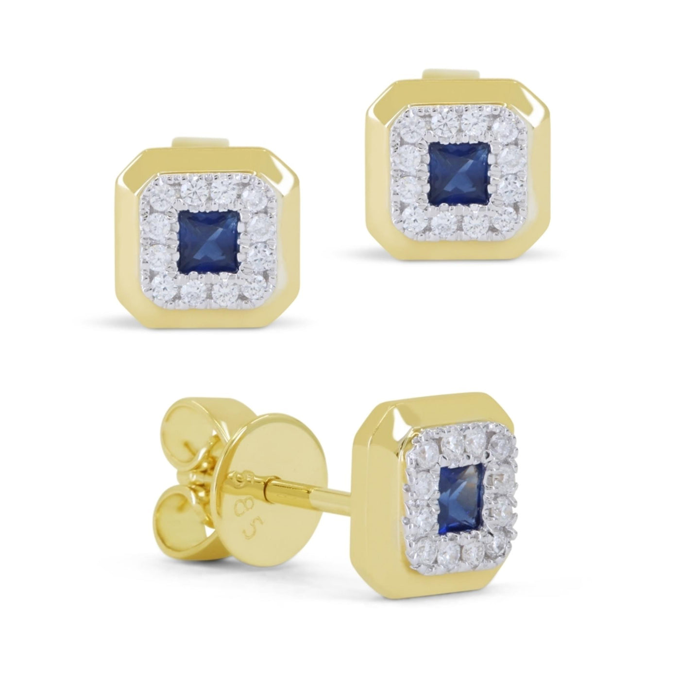14K Yellow Gold .25ctw Halo Style Princess Sapphire and Diamonds Earrings