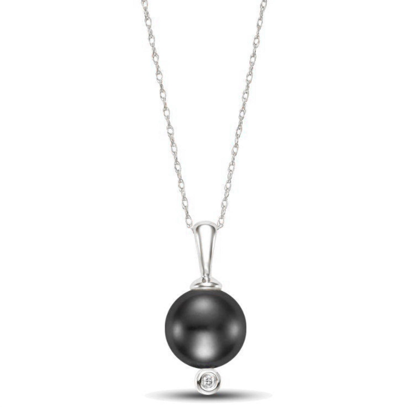 14K White Gold 18" Adjustable Tahitian Cultured Pearl and Diamond Drop Solitaire Necklace