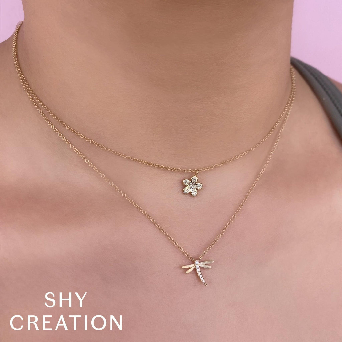 Shy Creation 14K Yellow Gold 0.03ctw Dragonfly Style Pendant