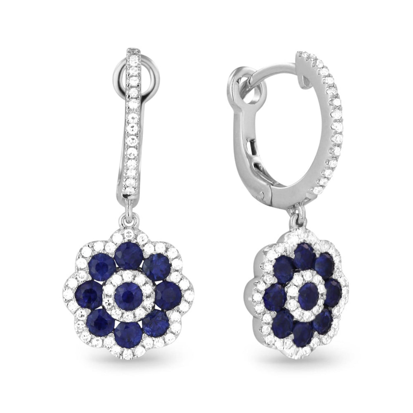 Madison L 14K White Gold 1.36ctw Huggie Dangle Style Round Sapphires and Diamonds Earrings