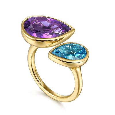 Gabriel 14K Yellow Gold 7.91ctw Cuff Style Amethyst and Blue Topaz Ring