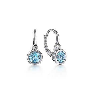 Sterling Silver 1.92ctw Drop Bezel Style Round Blue Topaz and Diamond Earrings