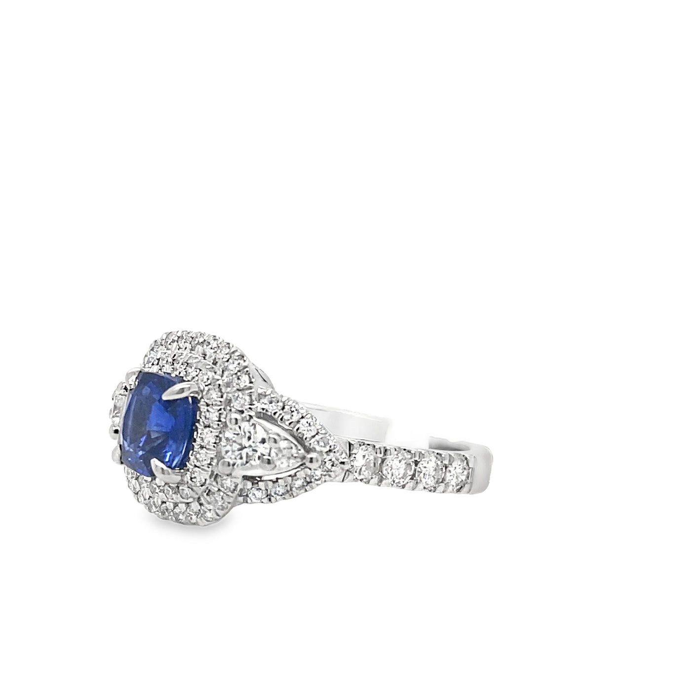 14K White Gold 1.88ctw Halo Style Sapphire and Diamonds Ring