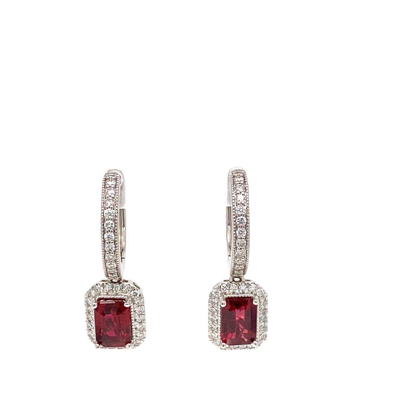 14K White Gold 2.87ctw Drop Style Emerald Cut Rubies and Diamonds Earrings