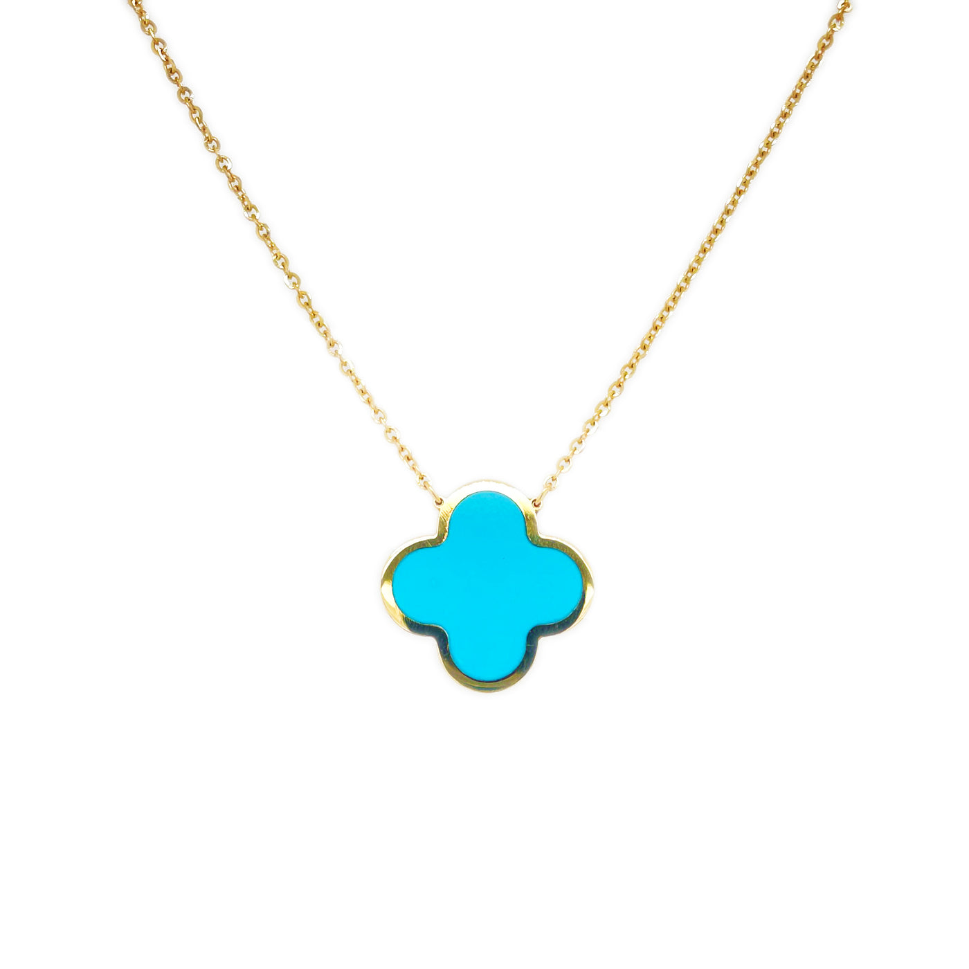14K Yellow Gold Clover Style Turquoise Necklace