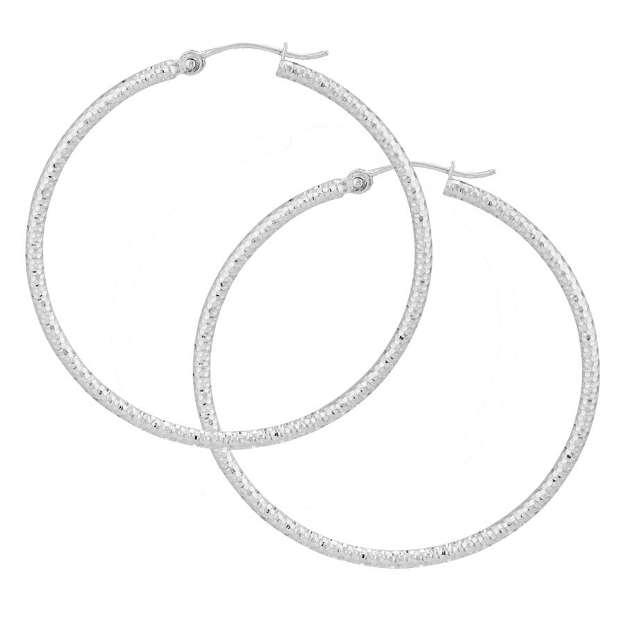 14K White Gold 2 x 40mm Traditional Round Hoop Style Earrings