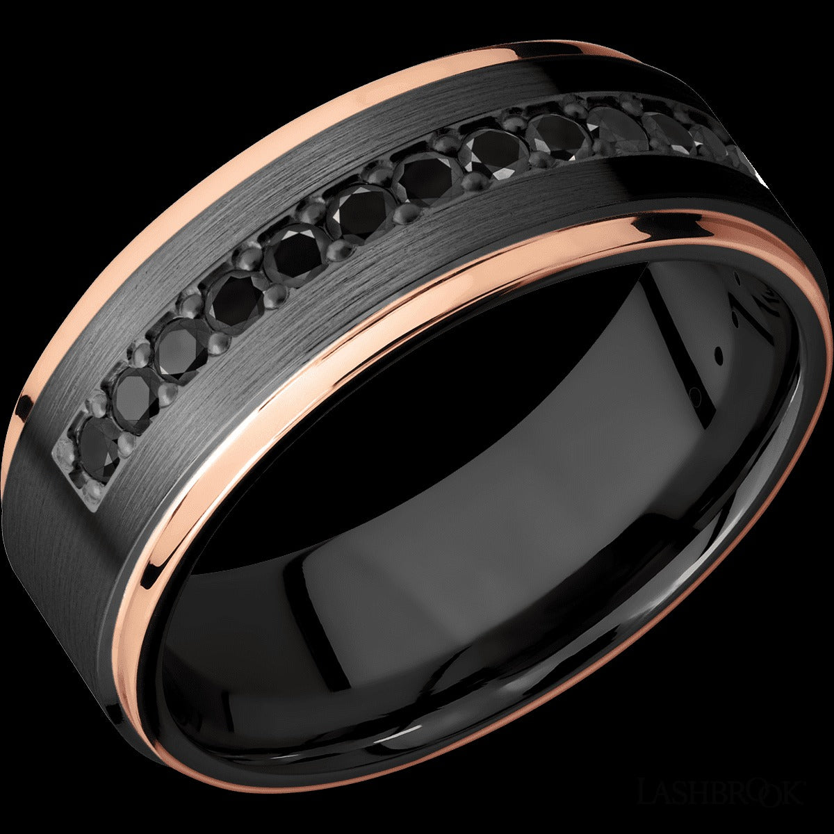8mm .64ctw Black Zirconium and 14K Rose Gold Wedding Band