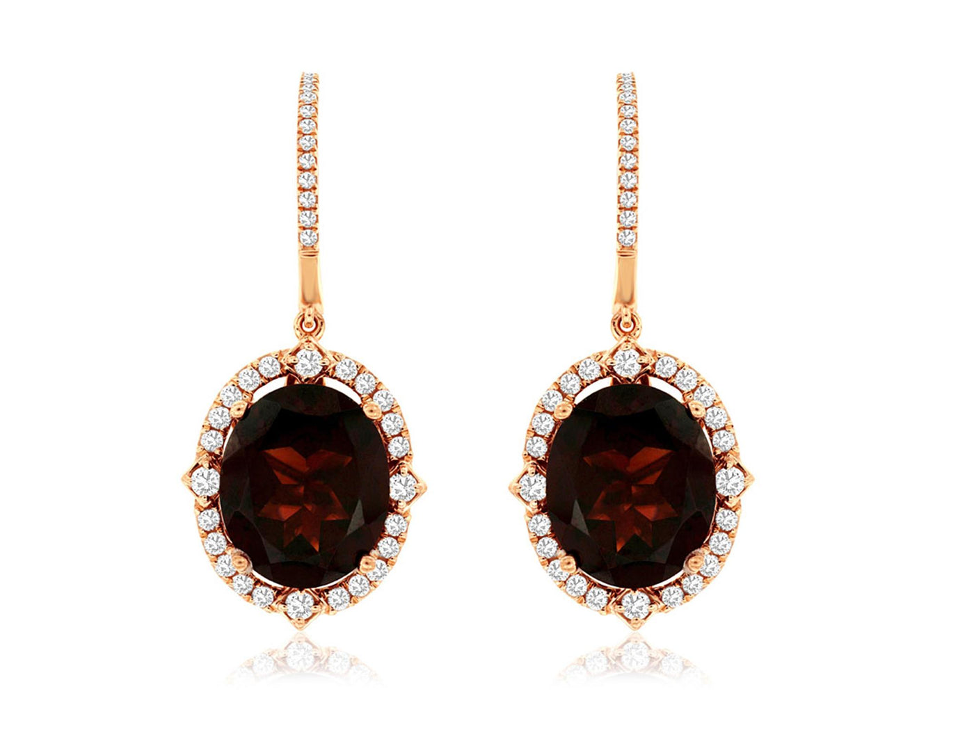 14K Rose Gold 11.7ctw Huggie Dangle Style Oval Garnets and Diamond Earrings