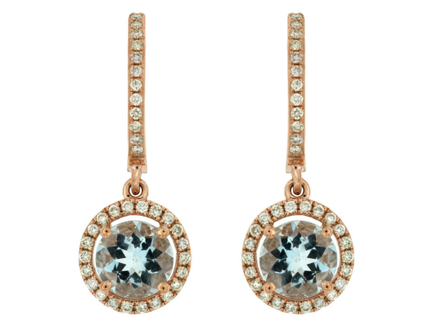 14K Rose Gold 1.73ctw Huggie Dangle Style Round Aquamarines and Diamonds Earrings