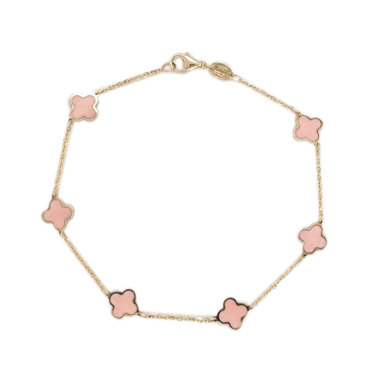14K Yellow Gold 7" Clover Fancy Link Style Bracelet Featuring Agate