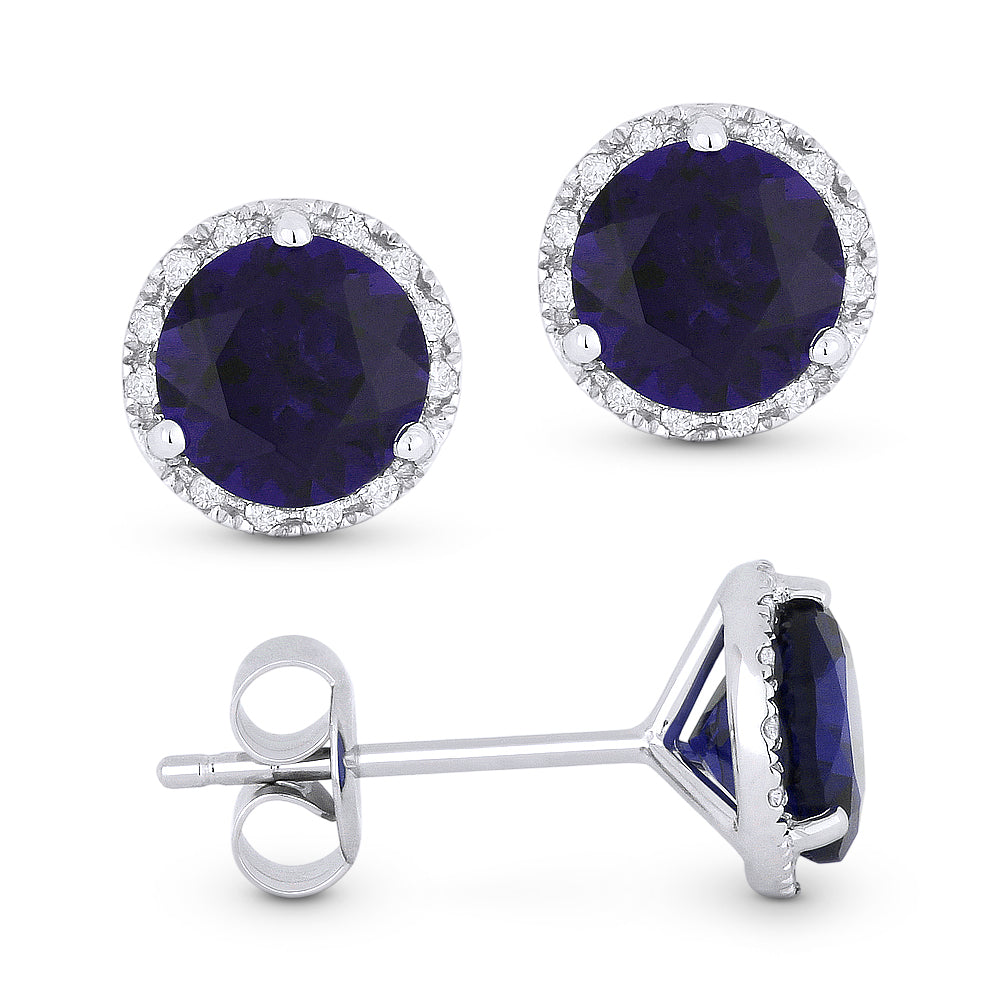 Madison L 14K White Gold 2.17ctw Halo Style Round Created Blue Corundum and Diamonds Earrings