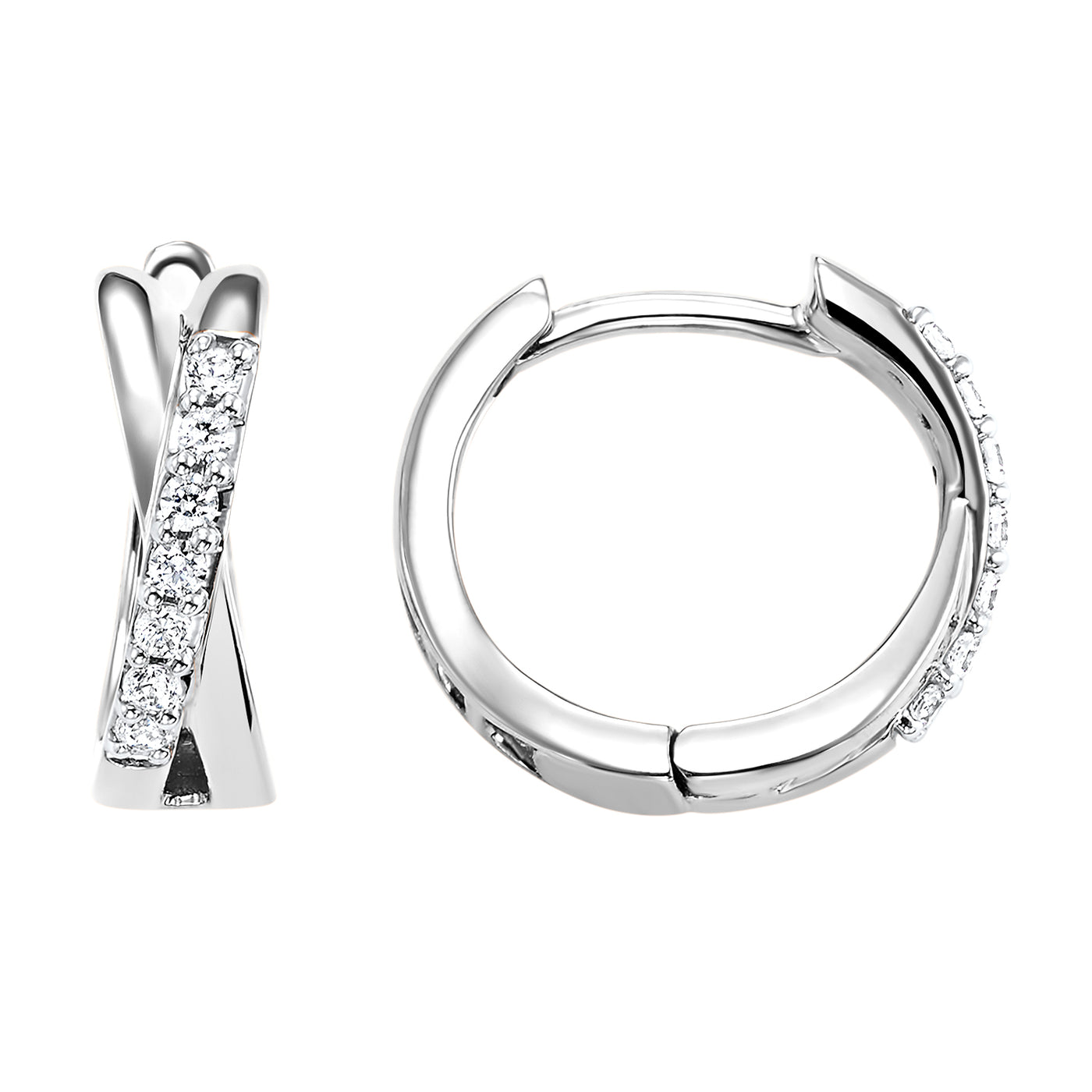 10K White Gold  Criss Cross Hoop Style Diamond Earrings