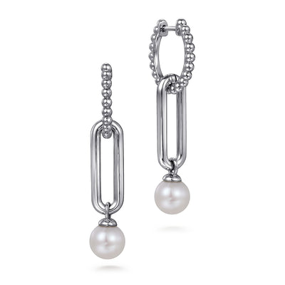 Gabriel Sterling Silver 1.02ctw Dangle Style Earrings Featuring White Cultured Pearls