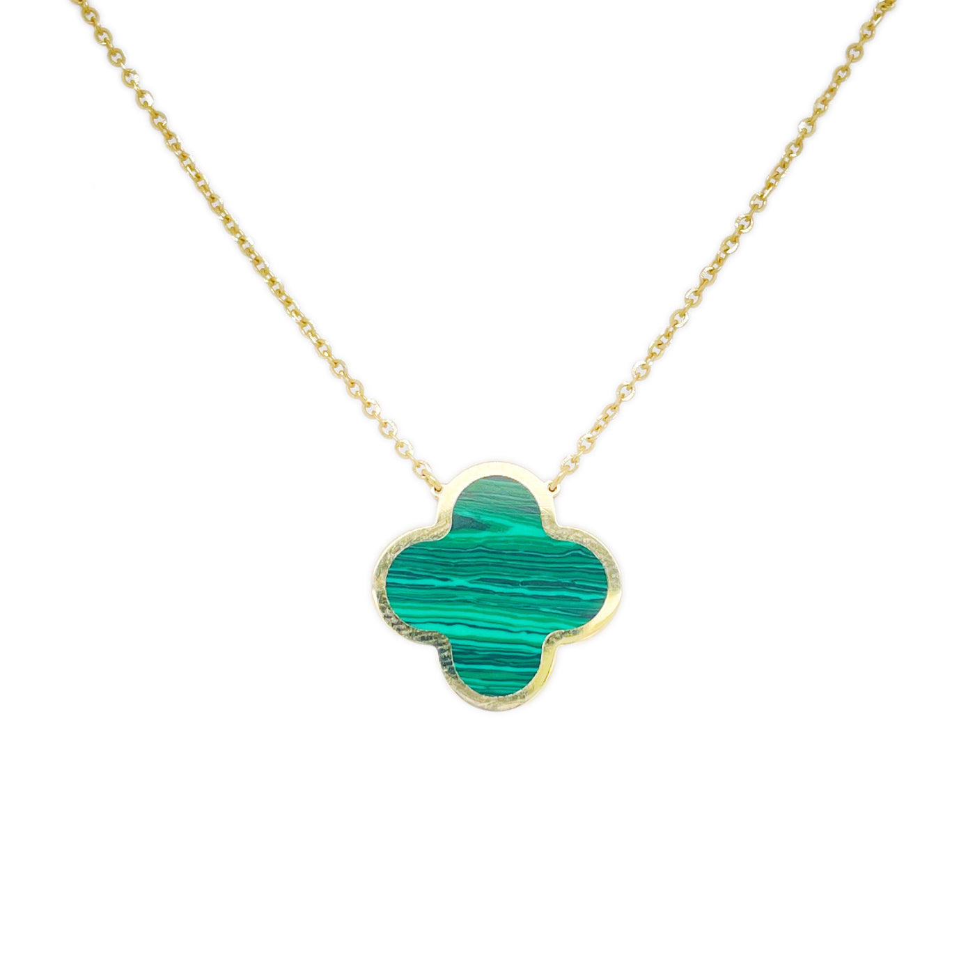 14K Yellow Gold Clover Style Malachite Necklace