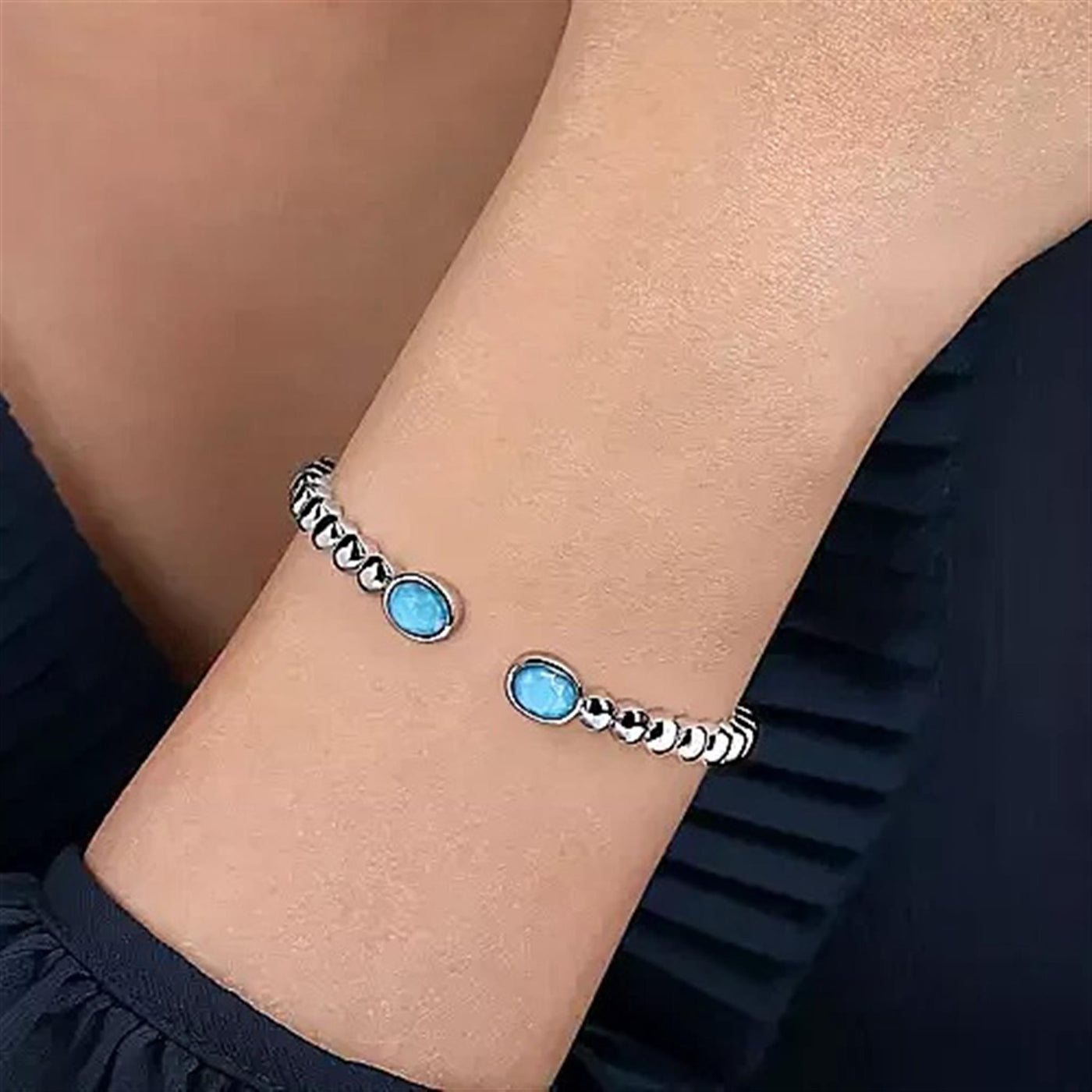 Gabriel Sterling Silver Medium Bujukan Cuff Style Bracelet Featuring Crystal Turquoise Doublet