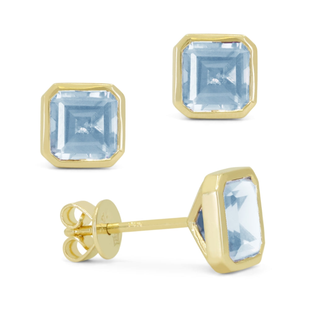 Madison L 14K Yellow Gold 2.70ctw Solitaire Bezel Style Emerald Cut Blue Topaz Earrings