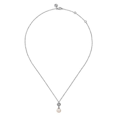 Gabriel Sterling Silver 17.5" Adjustable .95ctw Freshwater Pearl and Sapphire Fancy Drop Necklace