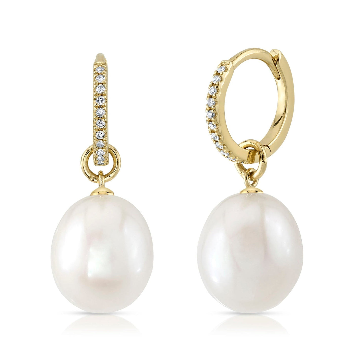 Shy Creation 14K Yellow Gold 0.06ctw Huggie Dangle Style Earrings Featuring White Cultured Pearls and Diamonds