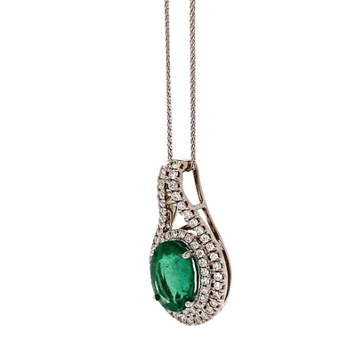 14K White Gold 3.04ctw Halo Style Emerald Necklace