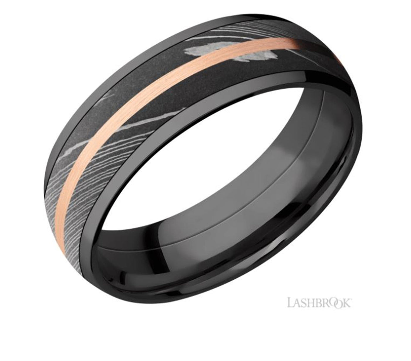 7mm Black Zirconium and Damascus Steel and Rose Gold Wedding Band