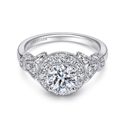 Gabriel 14K White Gold .65ctw Round Halo Style Diamond Semi-Mount Engagement Ring