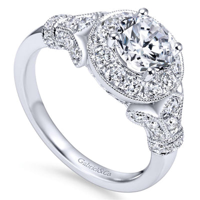 Gabriel 14K White Gold .65ctw Round Halo Style Diamond Semi-Mount Engagement Ring