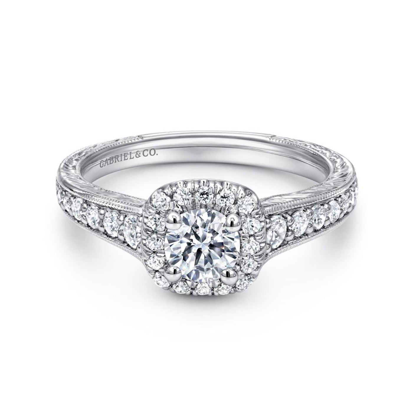Gabriel 14K White Gold .38ctw Cushion Halo Style Diamond Semi-Mount Engagement Ring