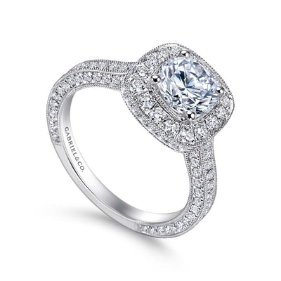 Gabriel 14K White Gold 1.10ctw Cushion Halo Style Diamond Semi-Mount Engagement Ring