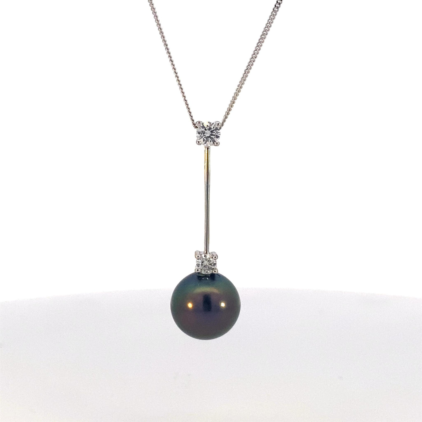 Estate 18K White Gold 20" .18ctw Tahitian Cultured Pearl and Diamonds Fancy Drop Necklace