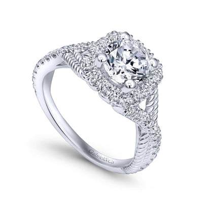 Gabriel 14K White Gold .55ctw Cushion Halo Style Diamond Semi-Mount Engagement Ring