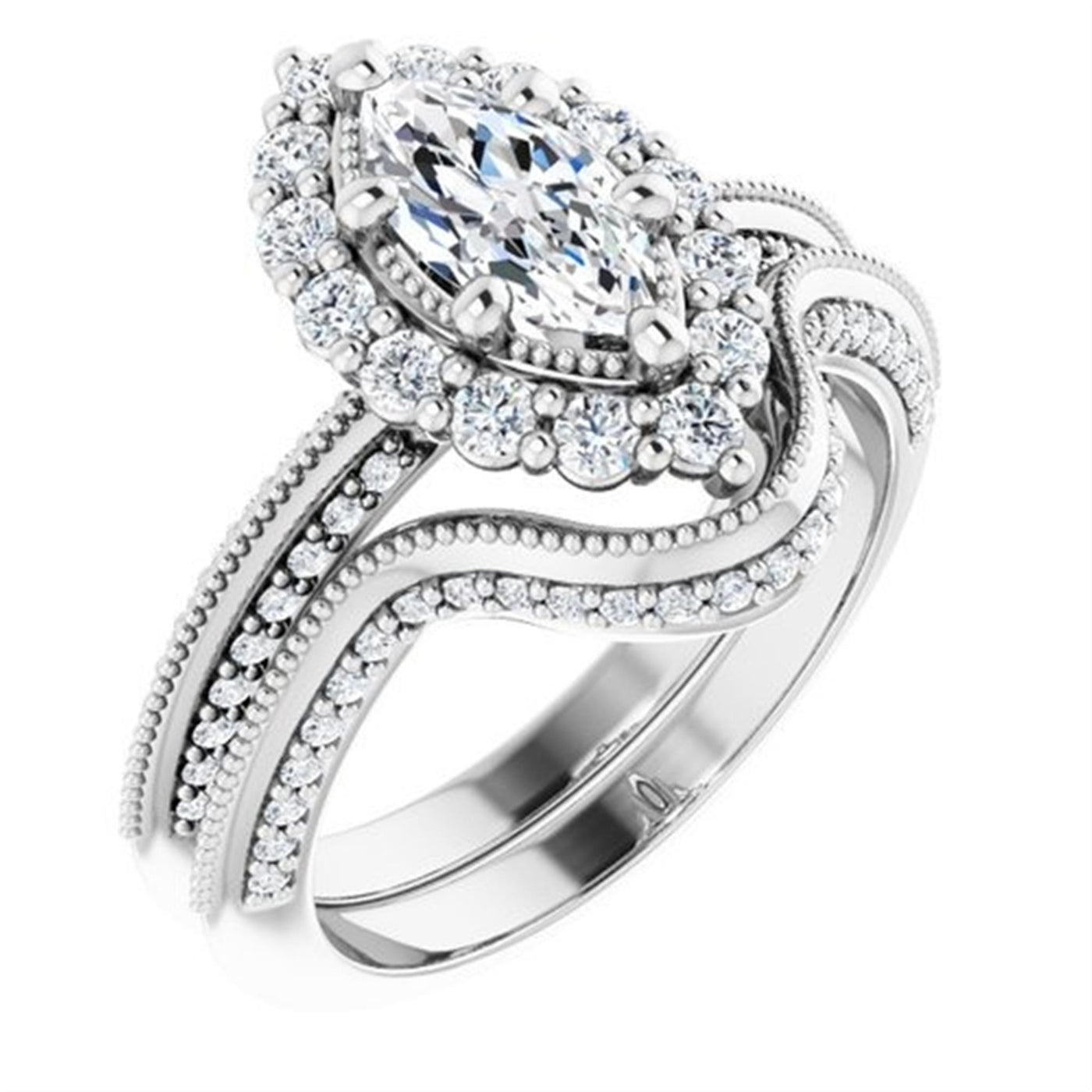 Ever & Ever 14K White Gold 0.16ctw Marquise Halo Style Diamond Semi-Mount Engagement Ring