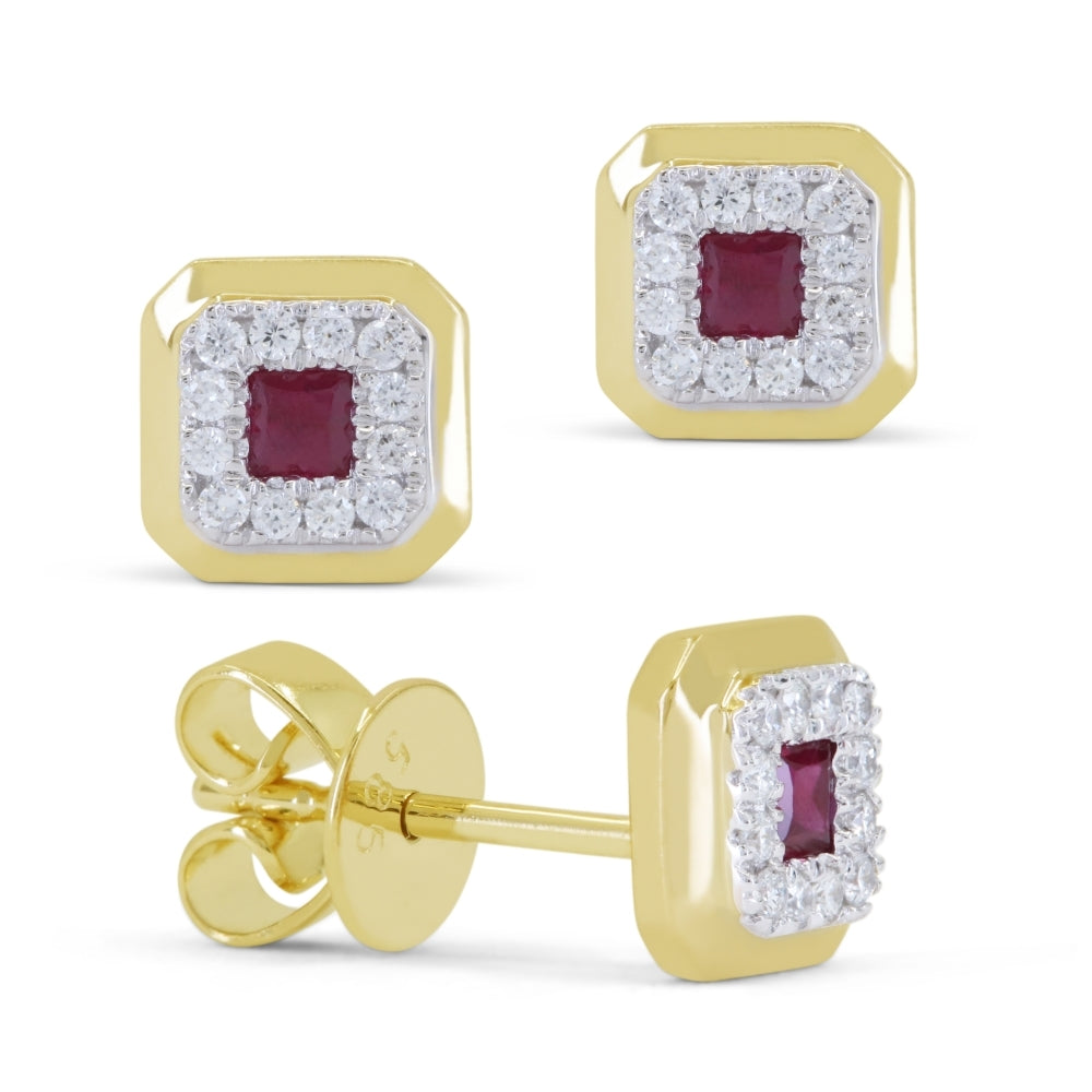 14K Yellow Gold .25ctw Halo Style Princess Ruby and Diamond Earrings