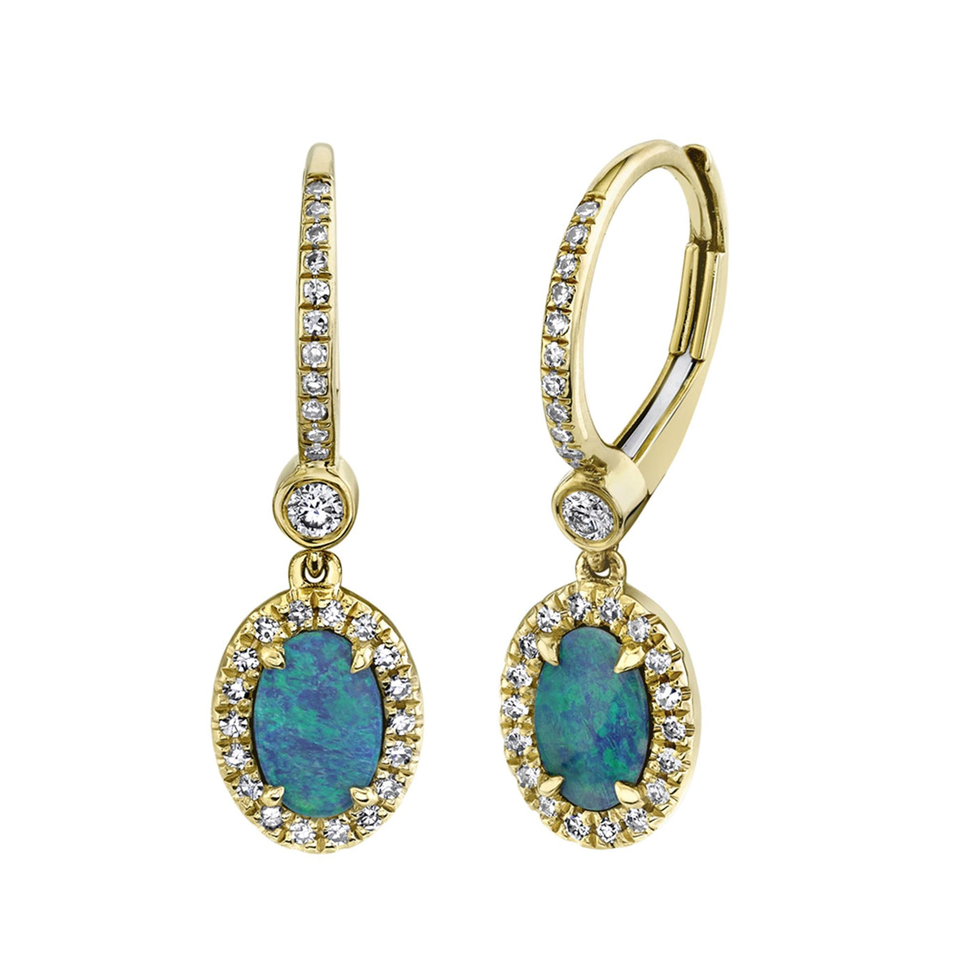 Shy Creation 14K Yellow Gold .90ctw Dangle Style Oval Cabochon Opals and Diamonds Earrings