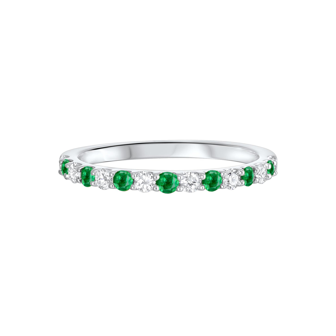 14K White Gold .58ctw Alternating Gemstone Style Ring with Diamonds and Emeralds