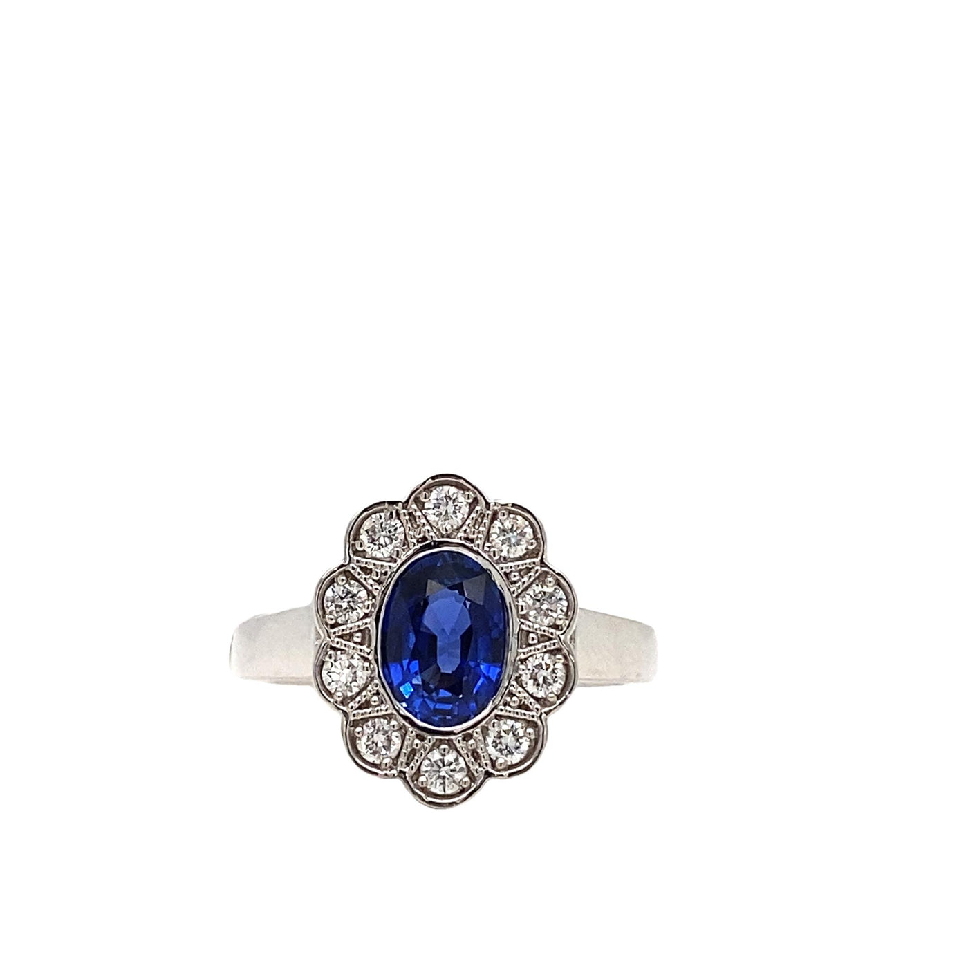 14K White Gold 1.86ctw Halo Style Sapphire and Diamonds Ring