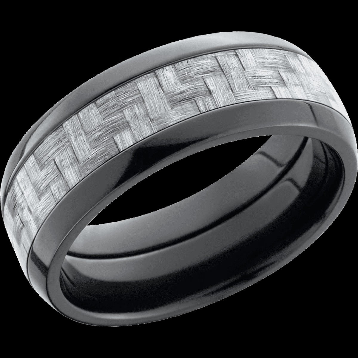 8mm Black Zirconium and Silver Carbon Fiber Wedding Band