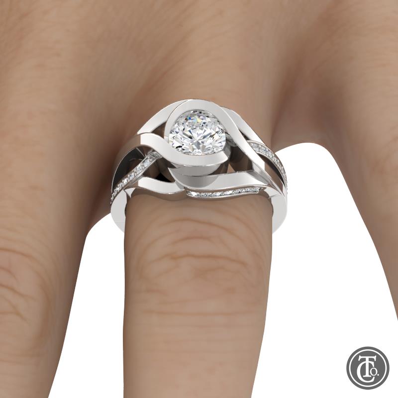 Bypass Style Weave Band Semi-Mount Engagement Ring with Diamond Accents