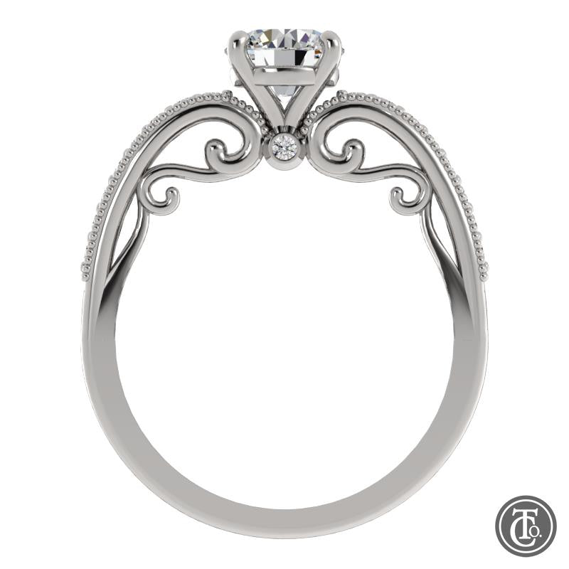 Solitaire Semi-Mount Engagement ring with Diamond, Milgrain, and Scroll Accents
